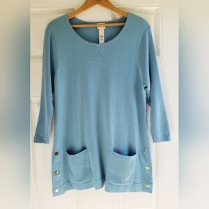 Chico's Tunic Pullover Sweater with Front Pockets & Snap Side Button Size:M Blue